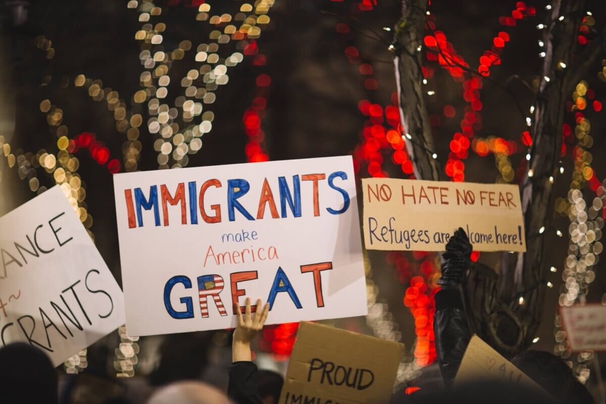 “Immigrants make America Great” sign held during immigration rally