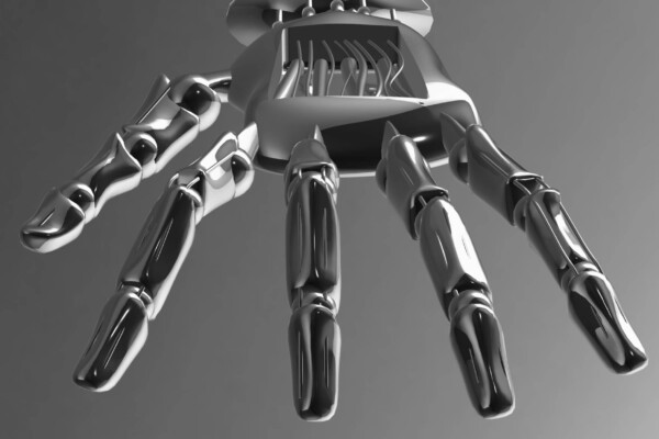 Robotic mechanical cybernetic metal arm. 3D rendering