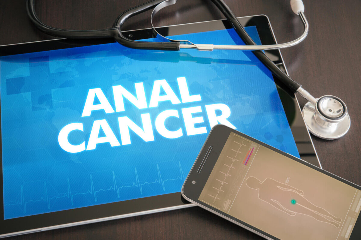 Anal cancer (cancer type) diagnosis medical concept on tablet screen with stethoscope