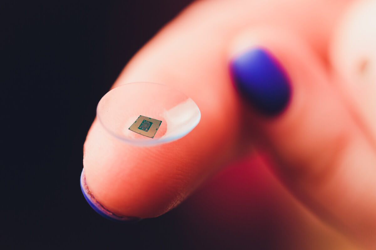 contact lens with digital and biometric implants to scan the ocular retina.concept of future and technology for digital scans.