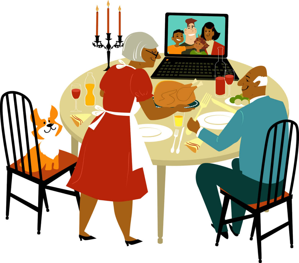 Elderly black couple having a holiday turkey dinner with their children and grandchildren joying them via video chat on a computer, EPS 8 vector illustration