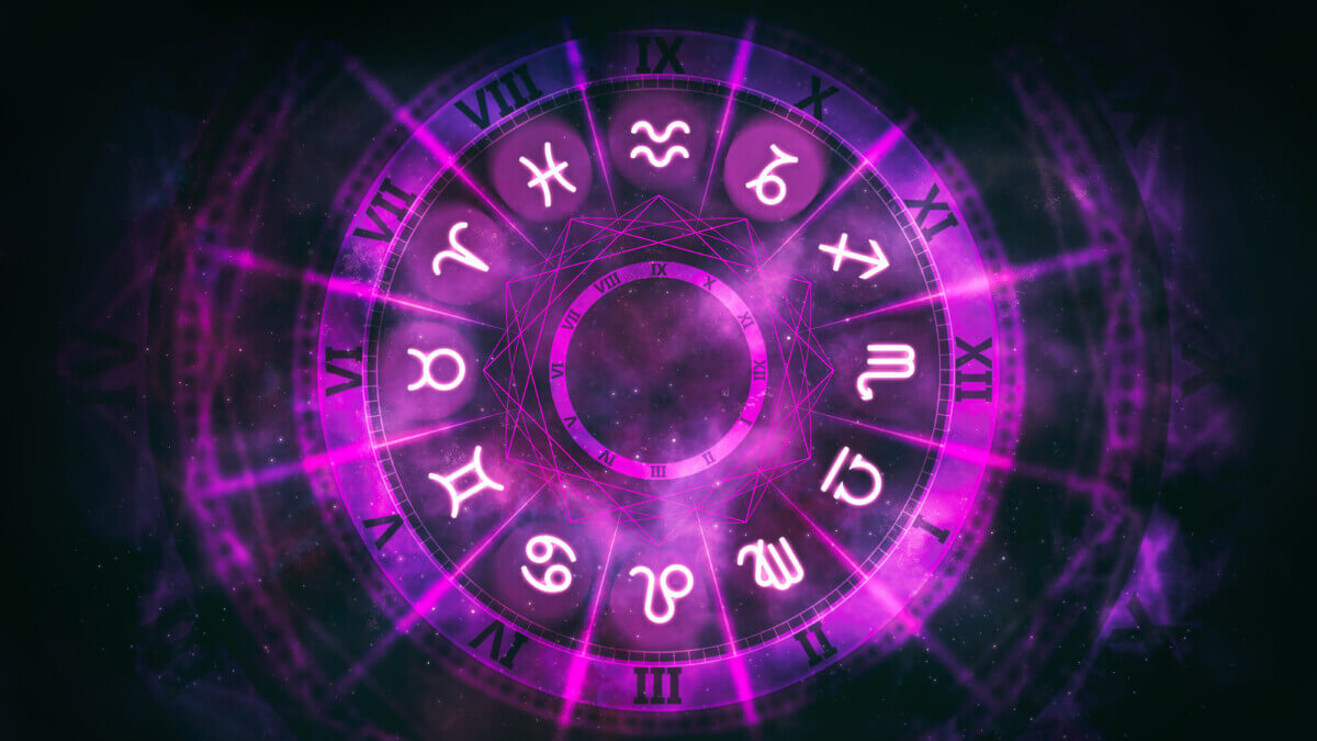 Purple astrological wheel with zodiac symbols and night starry sky. Horoscope background digital illustration.