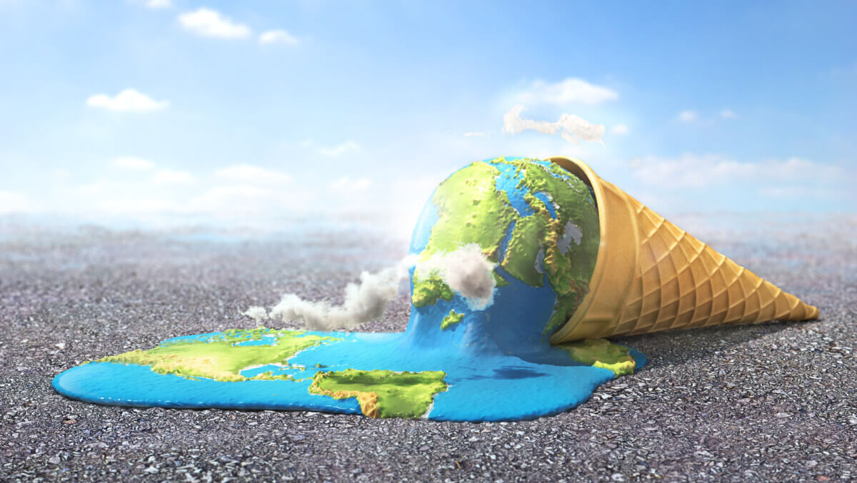 Global warning. Planet as melting ice cream under hot sun. 3d il