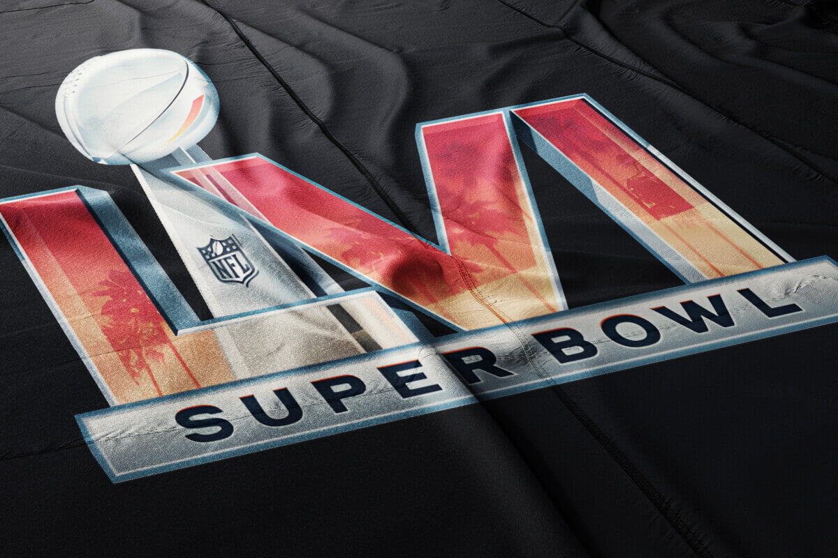 Super Bowl 2022 LVI logo on cloth flag. Super Bowl LVI will be th