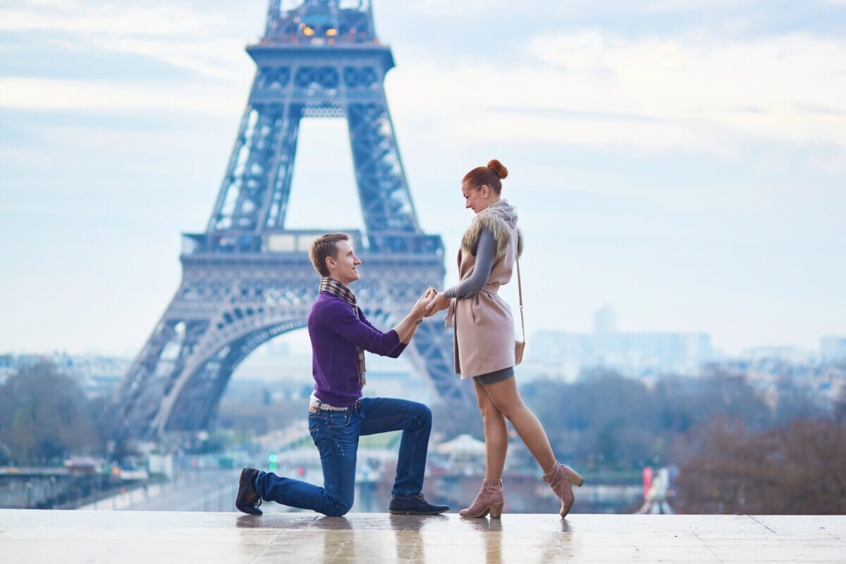 Romantic engagement and marriage proposal in Paris in front of Eiffel Tower