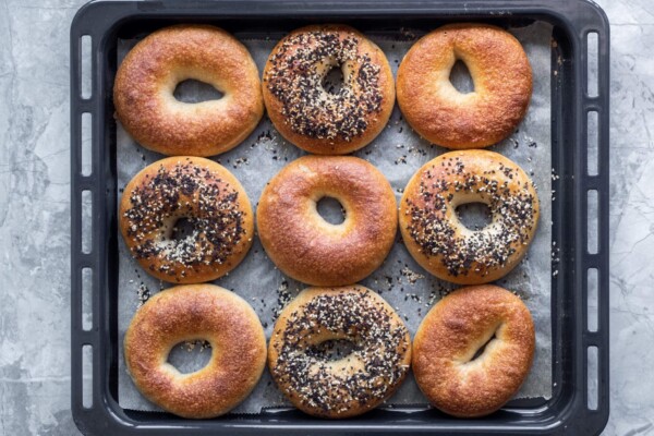 Tray bagels fresh out of the oven always taste the best.