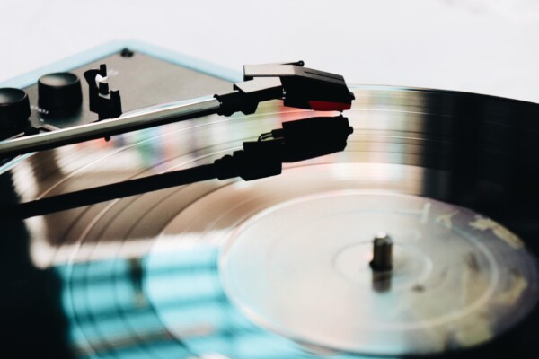 Closeup of a record player spinning a vinyl album