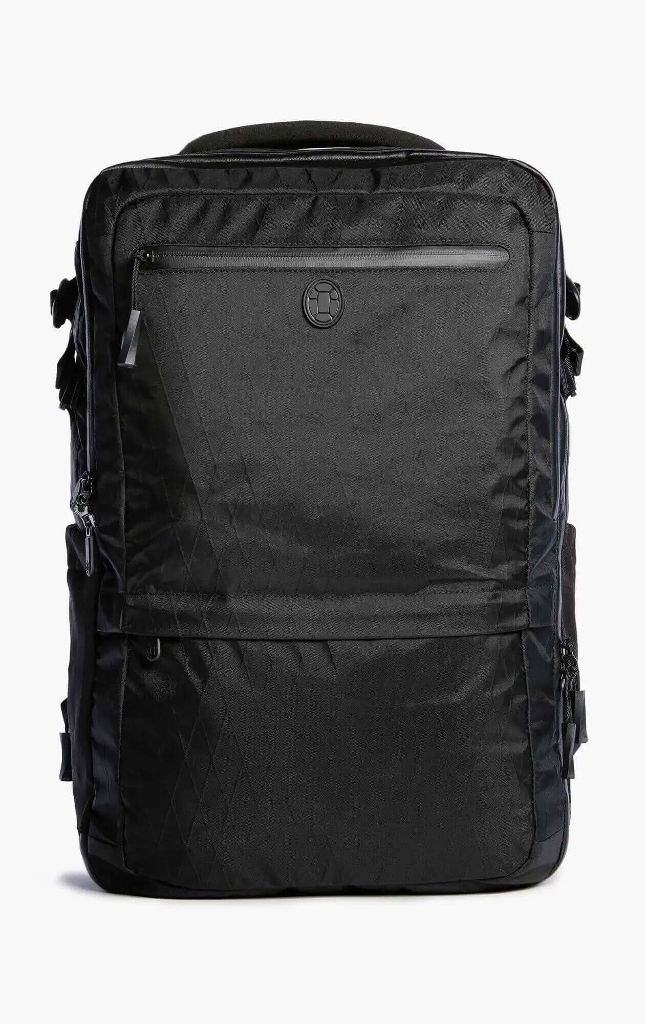 black tall travel pack with multiple pockets