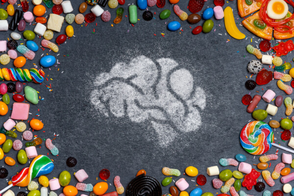 Sugar and junk food surrounding a brain