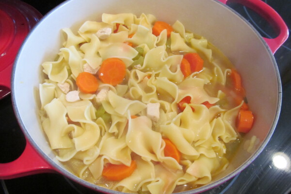 Chicken noodle soup in pan