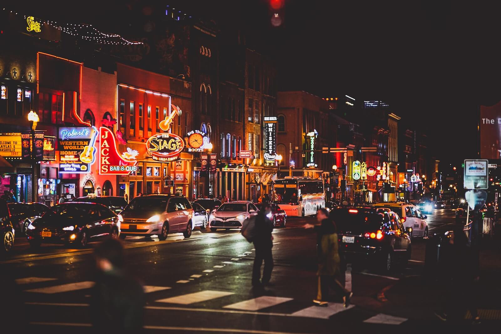 Downtown Nashville bars lit up at night