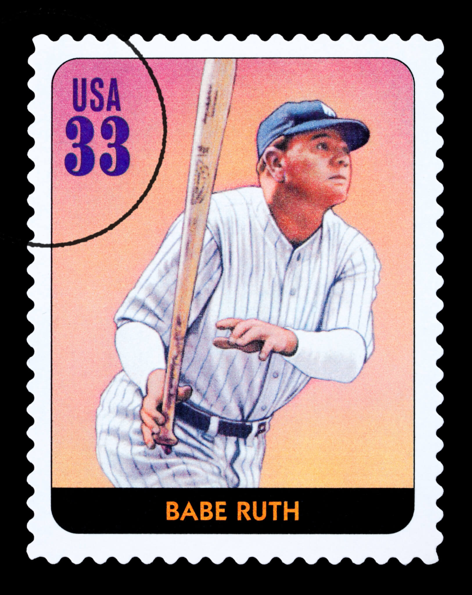 A postage stamp printed in the USA showing Babe Ruth, circa 2005