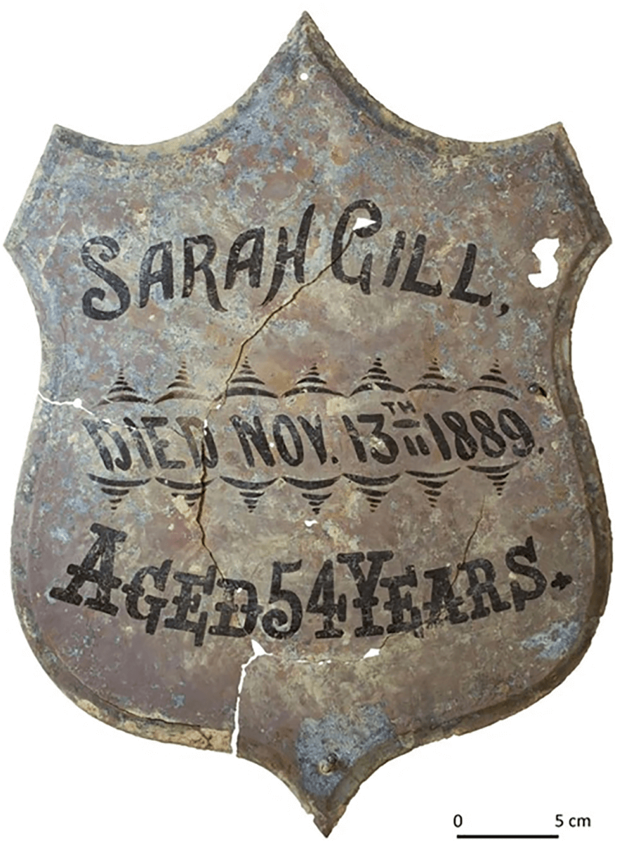 Example of a coffin plate excavated from the cemetery