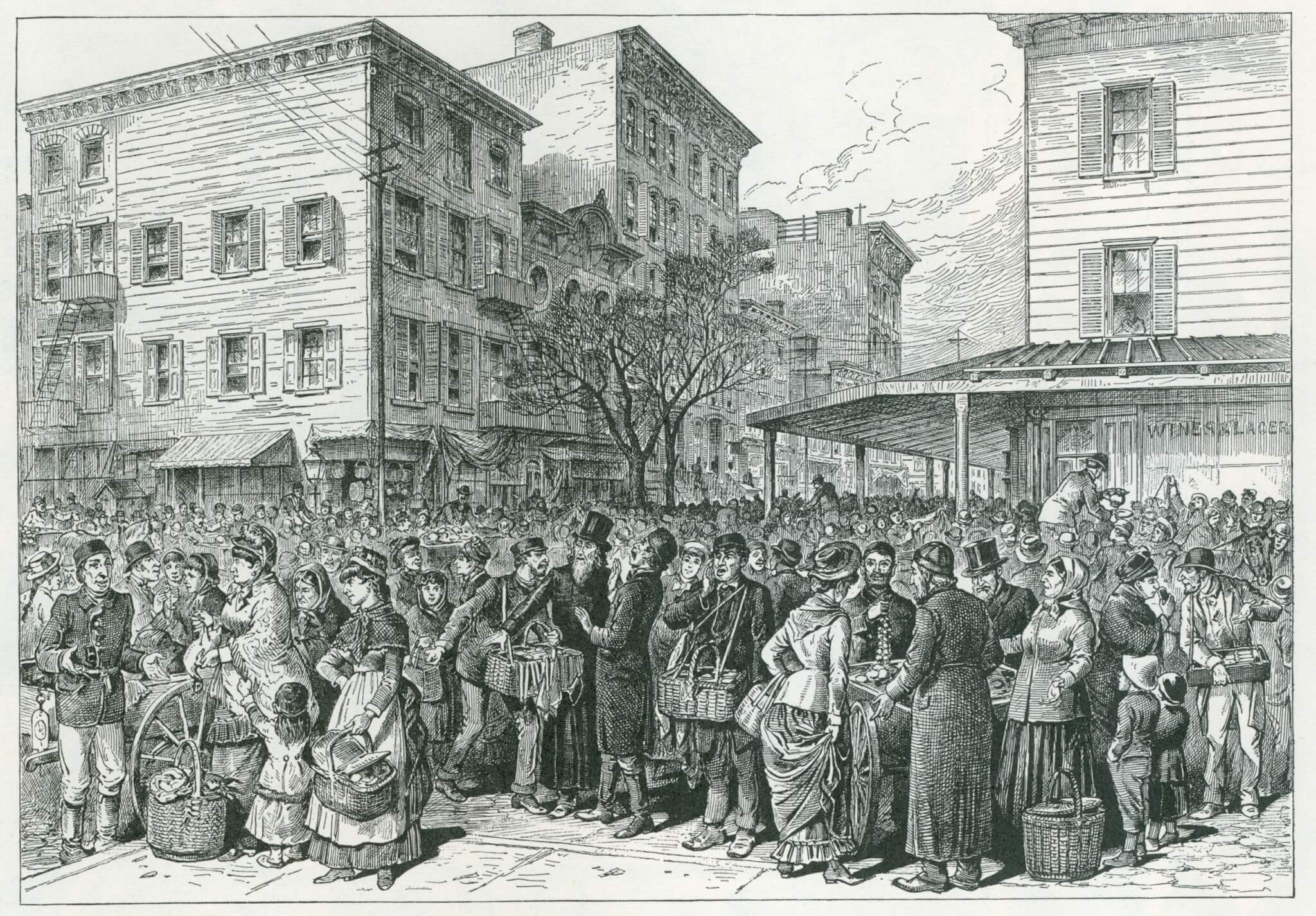 Hester Street Market, New York City's Lower East Side in 1884. The neighborhood was becoming home of Polish and Eastern European Jews emigrating from Russian Empire because of Anti-Jewish pogroms.