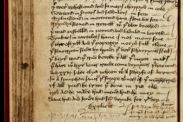 Scribe's note ‘By me, Richard Heege, because I was at that feast and did not have a drink’, in the Heege Manuscript (bottom of p.60 verso). This caught the attention of Cambridge researcher Dr James Wade.