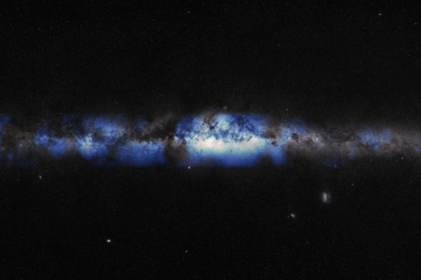An artist’s composition of the Milky Way seen through a neutrino lens (blue).