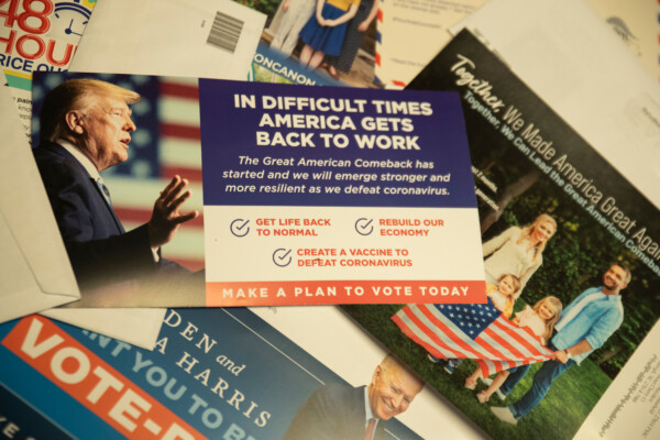 A pile of political mailers on a table in the crucial battleground state of North Carolina.