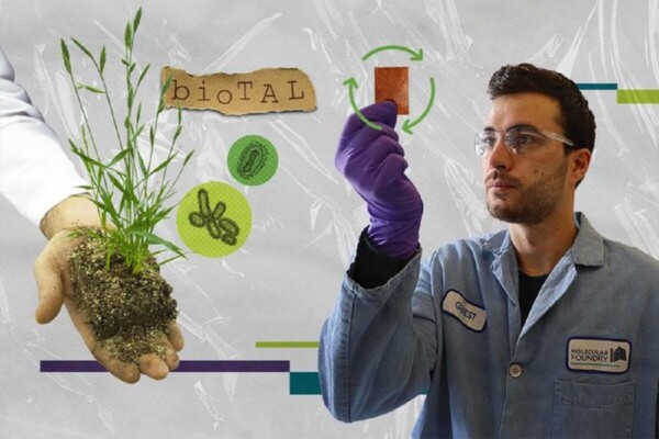 graphic of male research in blue lab coat holding up a small red plastic sheet. A different person's hand is holding a green plant with dark dirt