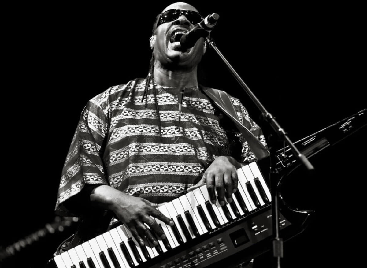 Stevie Wonder playing the keyboard and singing