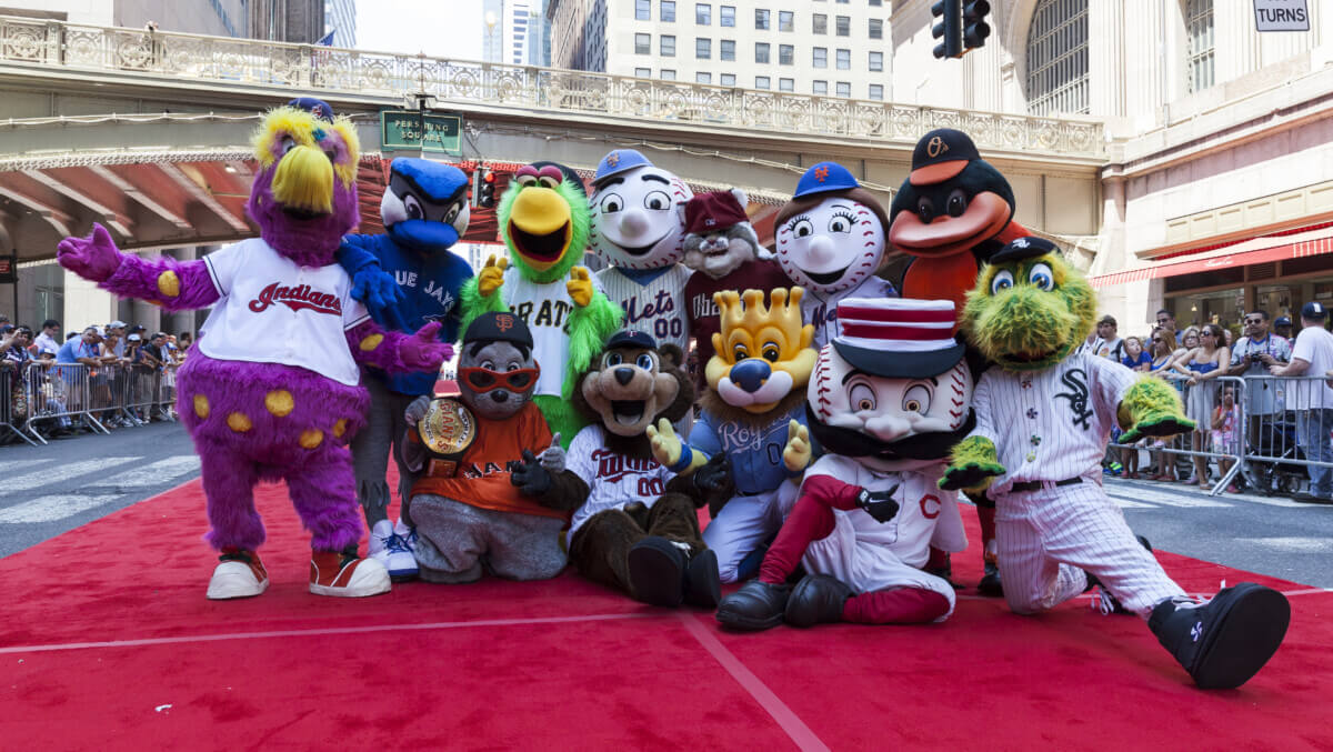 MLB teams mascots pose on red carpet during the MLB All-Star Game Red Carpet Show in 2013