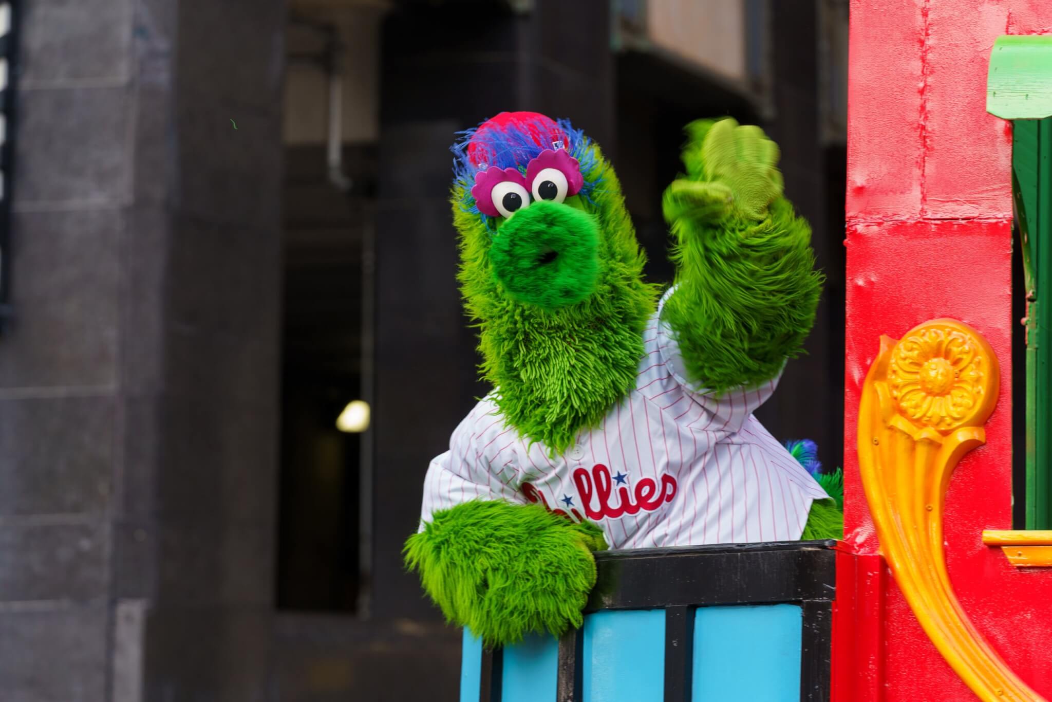The Philly Phanatic waving to fans 