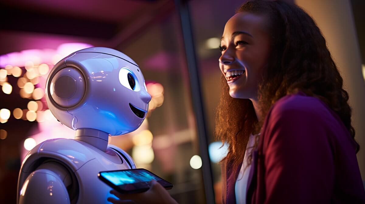 laughing teenager with smiling robot