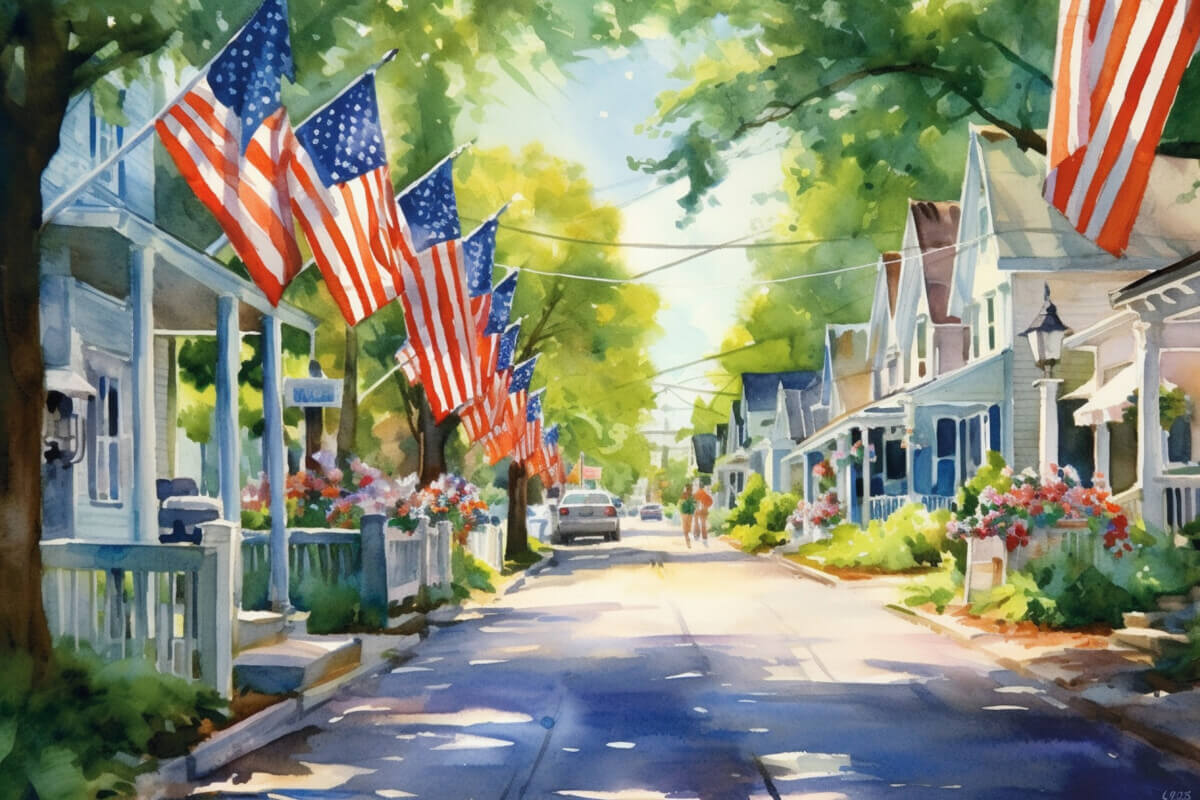 A charming small town's Main Street adorned with patriotic banners and flags, watercolor style, independence Day Generative AI