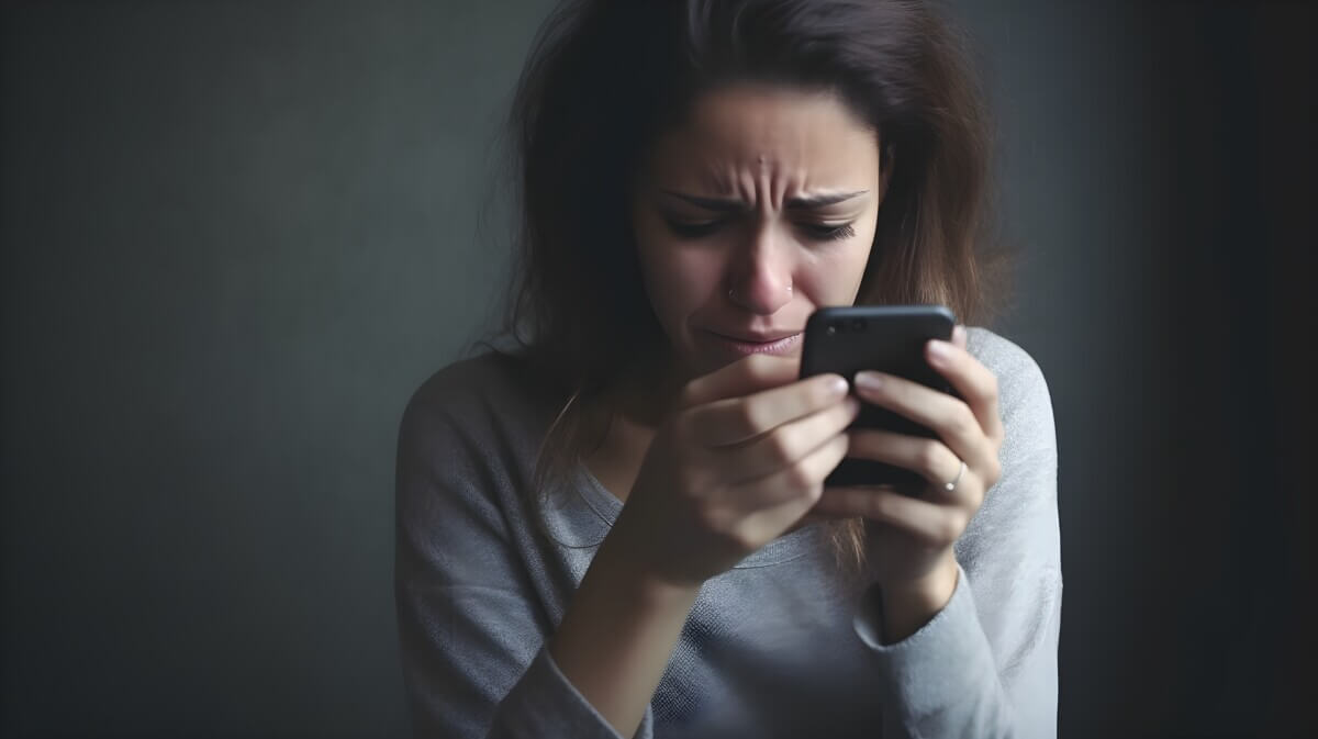 Woman crying on smartphone