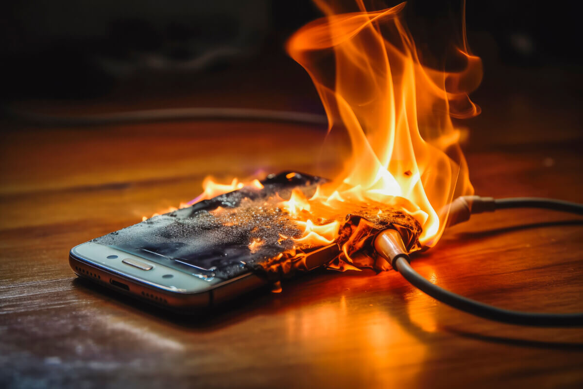 Mobile phone catches fire while charging.