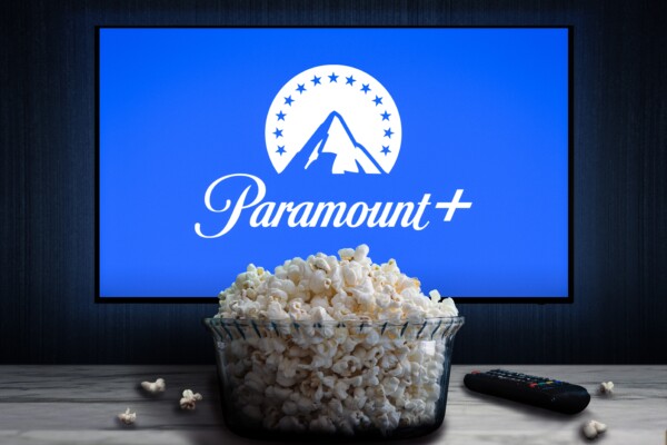 Paramount+ on a Tv wit ha bowl of popcorn