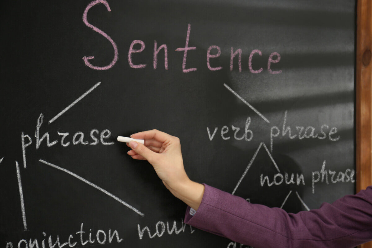 English teacher giving sentence construction rules near blackboard