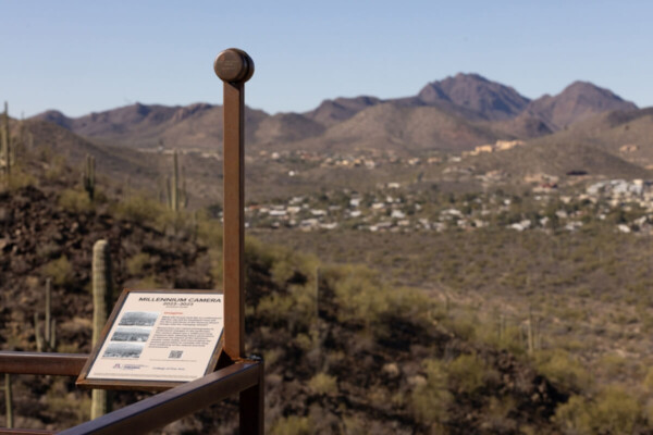 Jonathon Keats envisioned the Millennium Camera, seen here peering across the desert landscape toward the Star Pass neighborhood West of Tumamoc Hill in Tucson, to provide not only a record of the past for future humans but also to instigate discussion about what current humans can do to influence the future.
