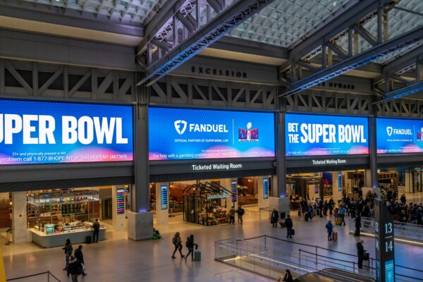 Advertising for FanDuel, online sports gambling, in the Moynihan Train Hall of Pennsylvania Station in prior to the Super Bowl.