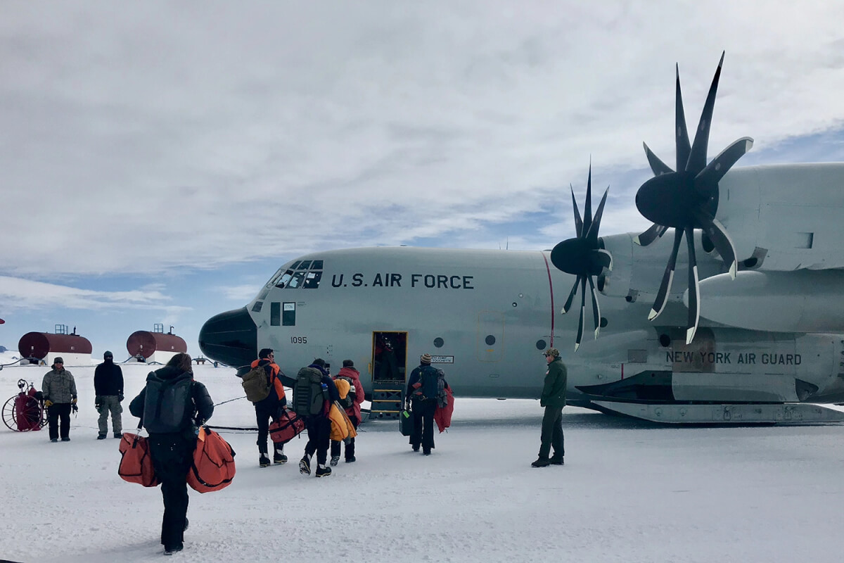 The LC-130 Hercules picks up scientists at McMurdo Station, Antarctica, at the end of the field season, bound for Christchurch, New Zealand
