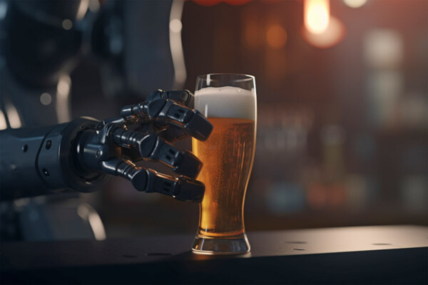 Robotic hand holding beer.
