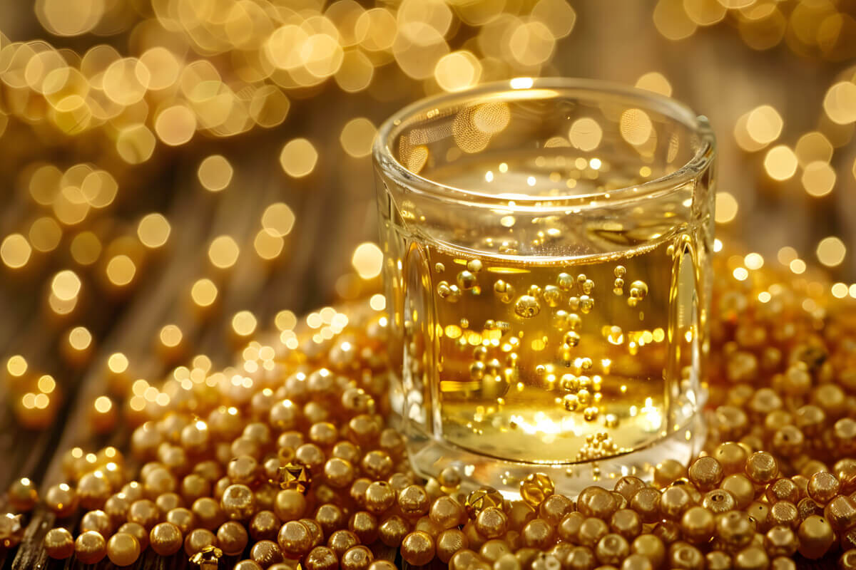 glass filled with water sitting on pile of gold beads