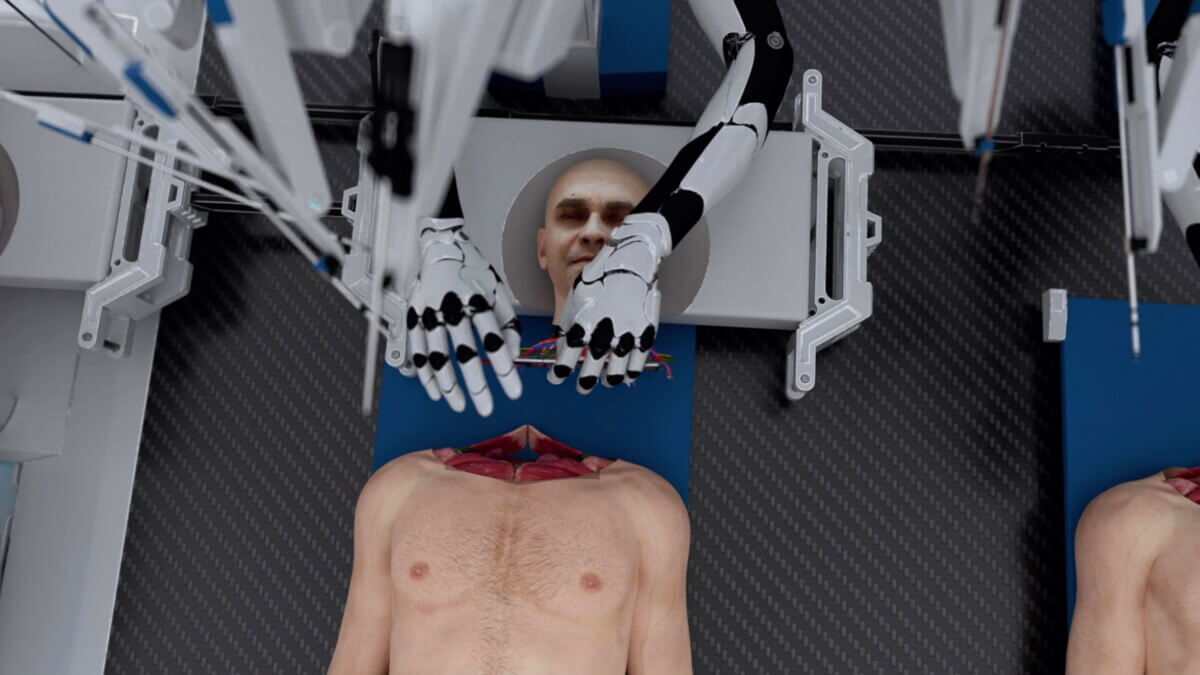 A digital illustration of the BrainBridge head transplant process.
