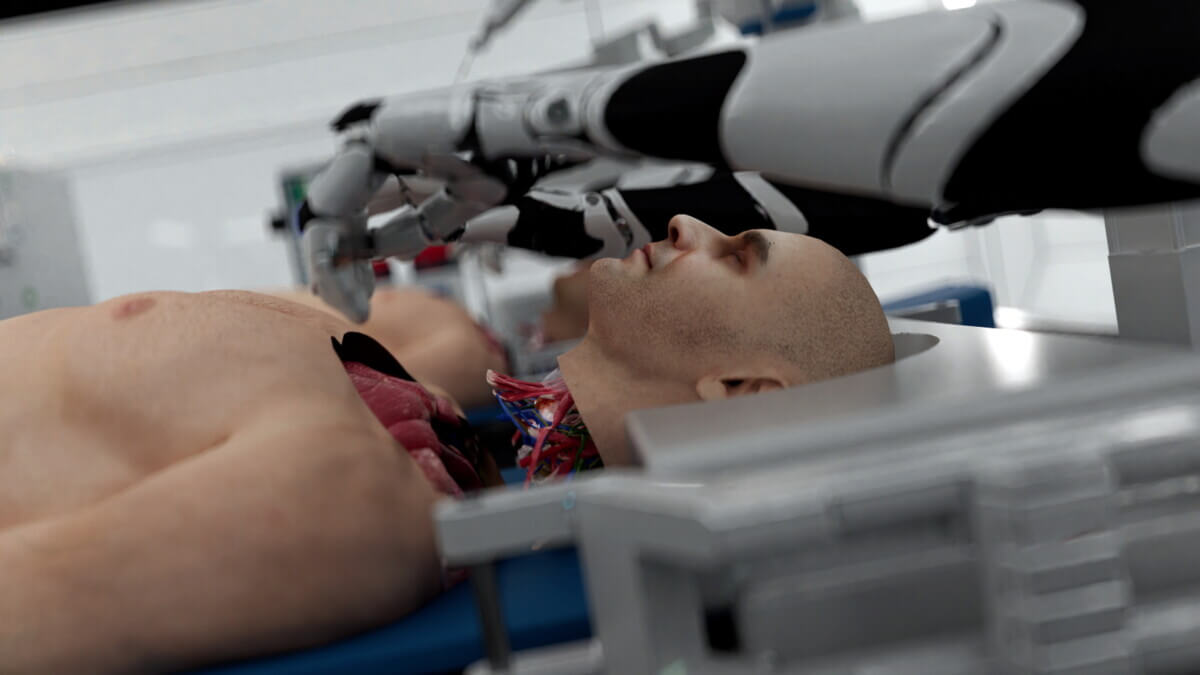 Patient's head set onto donor body during transplantation. 