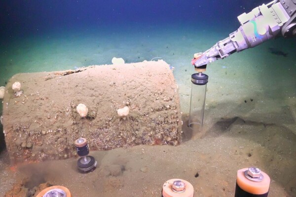 Researchers aboard Research Vessel Falkor used a remote operated vehicle to collect sediment push cores off the coast of Los Angeles during an expedition in July 2021.