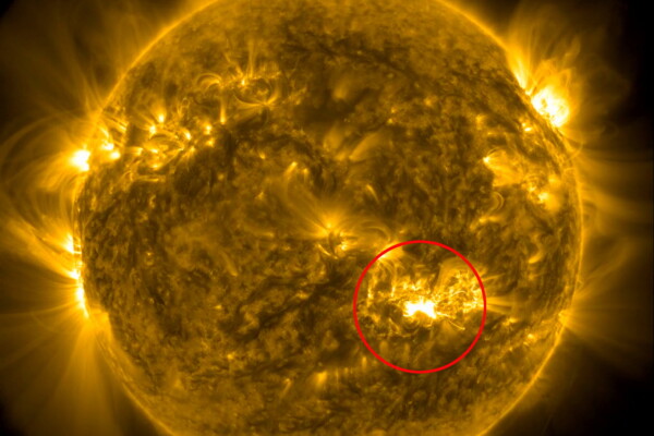 Image captured by NASA's Solar Dynamics Observatory (SDO) spacecraft shows the solar flare from the Sun's sunspot at bottom right of star