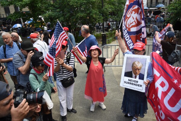 Trump supporters in front of the Criminal Courthouse in lower Manhattan, during the. Trump "hush money" trial.
