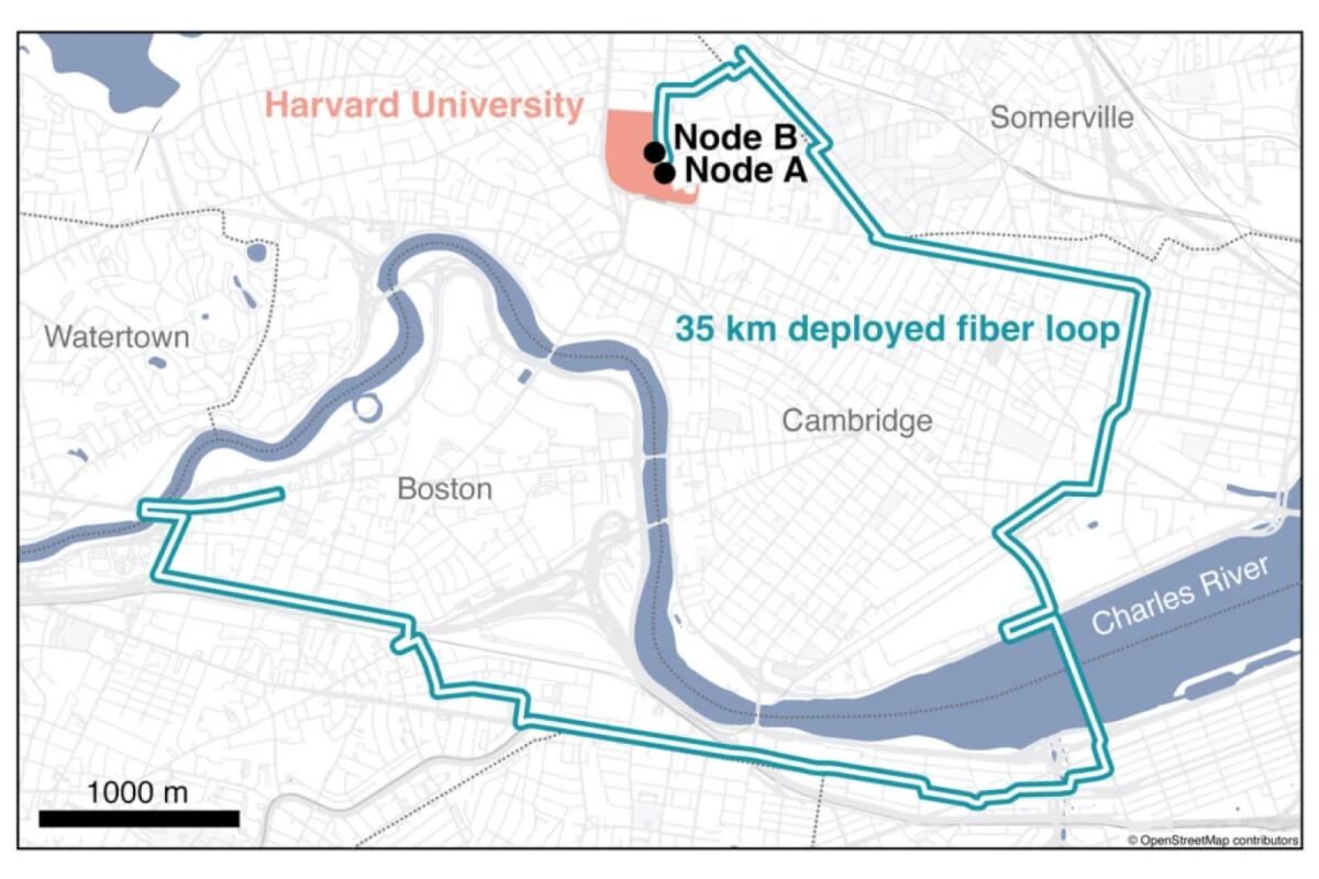 Map showing path of two-node quantum network through Boston and Cambridge. 