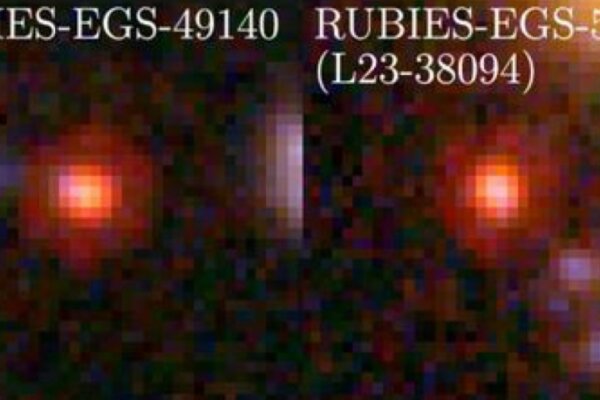 Researchers investigated three mysterious objects in the early universe. Shown here are their color images, composited from three NIRCam filter bands onboard the James Webb Space Telescope. They are remarkably compact at red wavelengths (earning them the term “little red dots”), with some evidence for spatial structure at blue wavelengths.