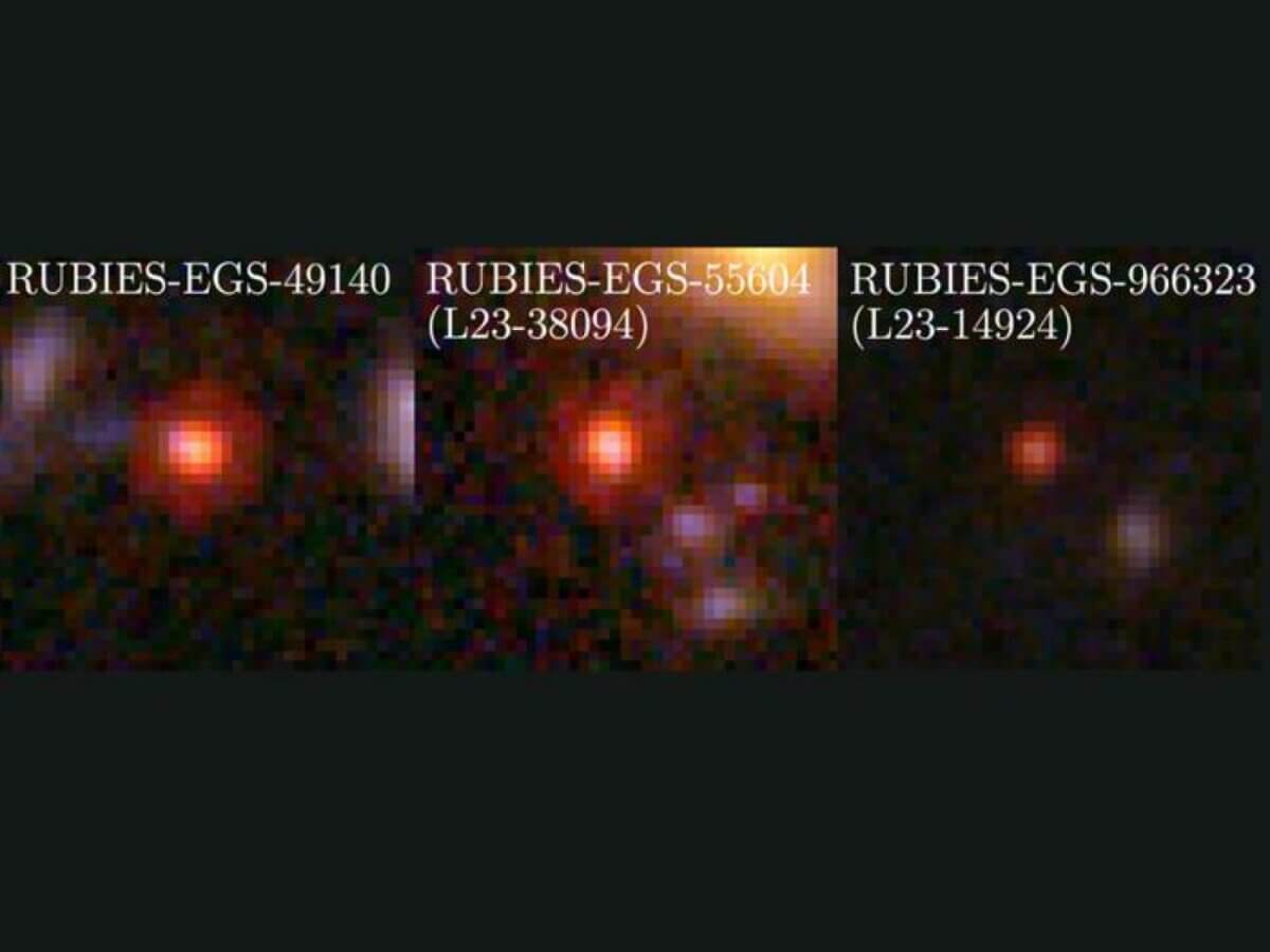 Researchers investigated three mysterious objects in the early universe. Shown here are their color images, composited from three NIRCam filter bands onboard the James Webb Space Telescope. They are remarkably compact at red wavelengths (earning them the term “little red dots”), with some evidence for spatial structure at blue wavelengths. 